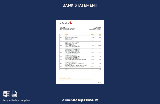 Modello Excel di estratto conto bancario Pakistan Al Baraka in stile verificato